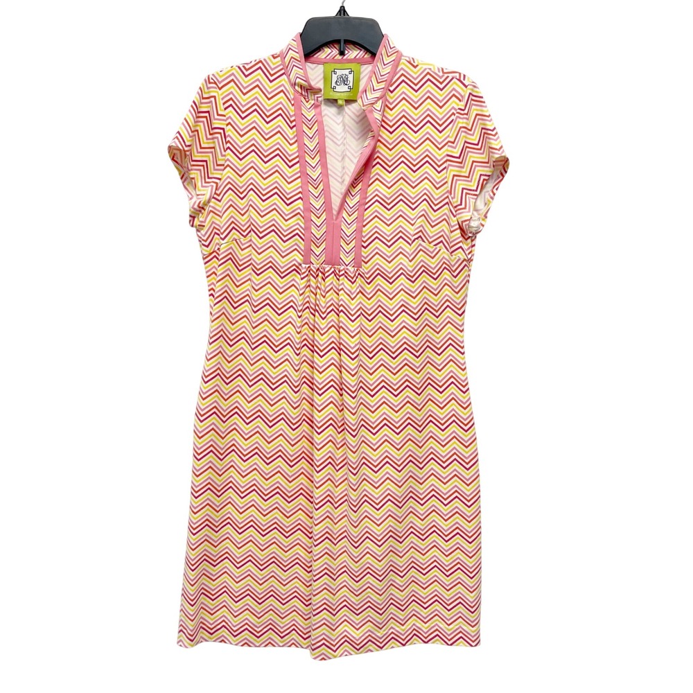 Elizabeth McKay Women's Chevron Print Pink Yellow Red Short Sleeve Dress Size 6